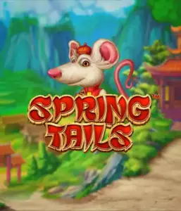 A whimsical illustration of a white rat dressed in traditional Chinese attire positioned in front of a picturesque landscape with mountains. The image represents the Spring Tails Slot by Betsoft, highlighted with striking red and gold logo text.