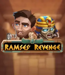 Uncover the mysterious world of the Ramses' Revenge game by Relax Gaming, highlighting a surprised explorer and a terrifying mummy amid an Egyptian tomb backdrop. This graphic depicts the adventure of ancient Egyptian myths, ideal for adventure seekers, providing a thrilling escape. 